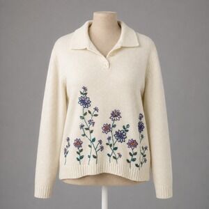 Vintage 90s Alfred Dunner Floral Embroidered Sweater Size XL Cream Cottagecore